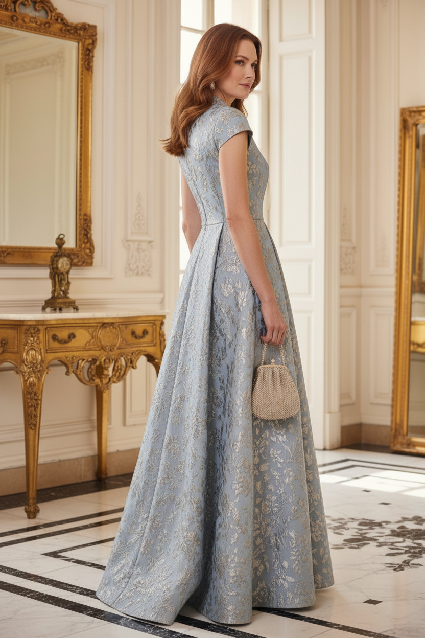 Cap Sleeve Jacquard A-Line Evening Gown