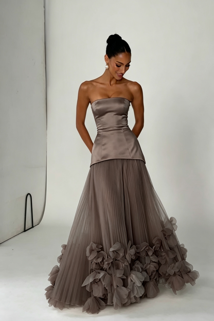 Strapless Pleated Evening Gown with 3D Floral Hem