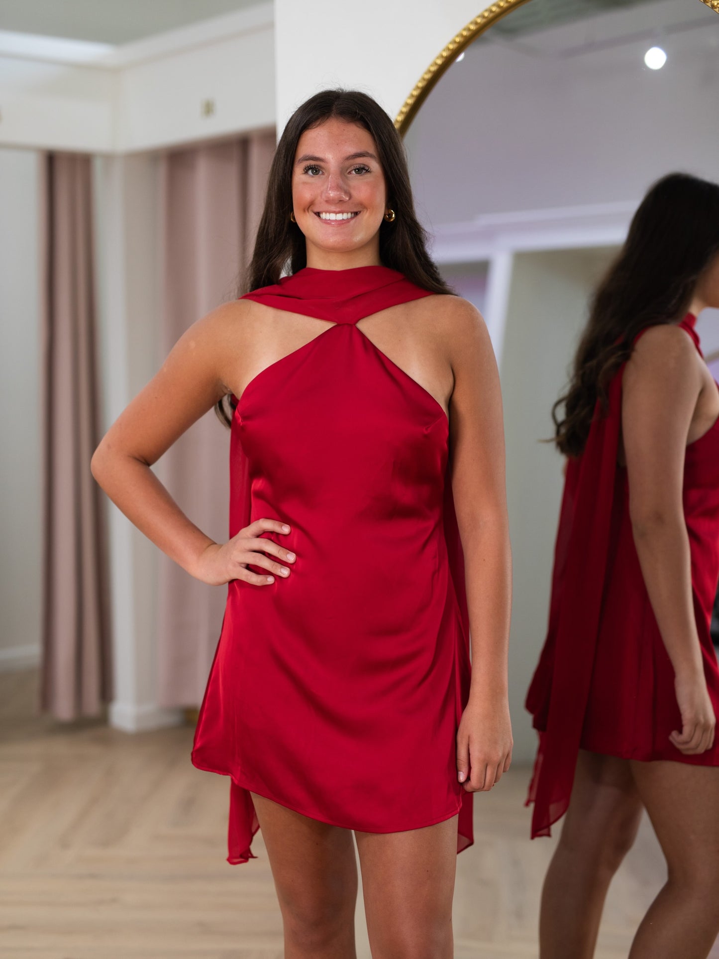Crisscross Halter Satin Mini Dress with Chiffon Ties