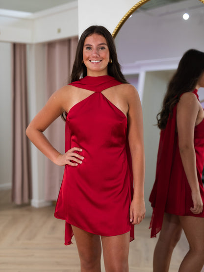 Crisscross Halter Satin Mini Dress with Chiffon Ties
