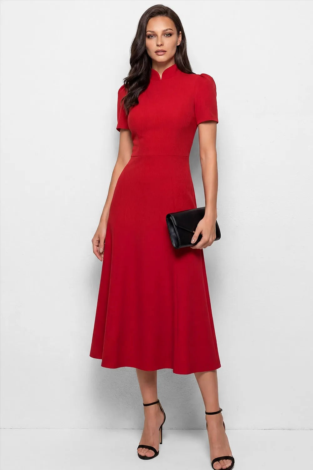 Mandarin Collar A-Line Midi Dress with Puffed Sleeves
