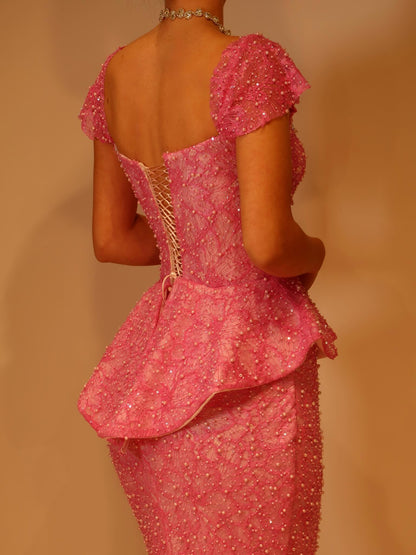 Pearl Beaded Mermaid Evening Gown with Peplum