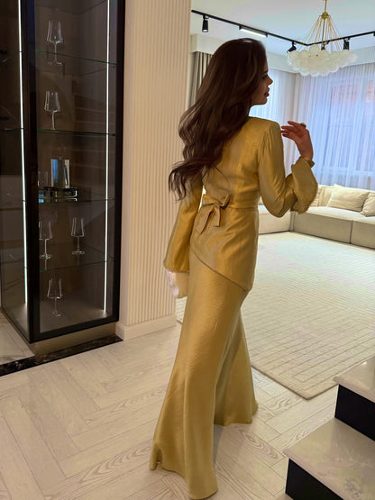Asymmetrical Peplum Long Sleeve Maxi Evening Gown