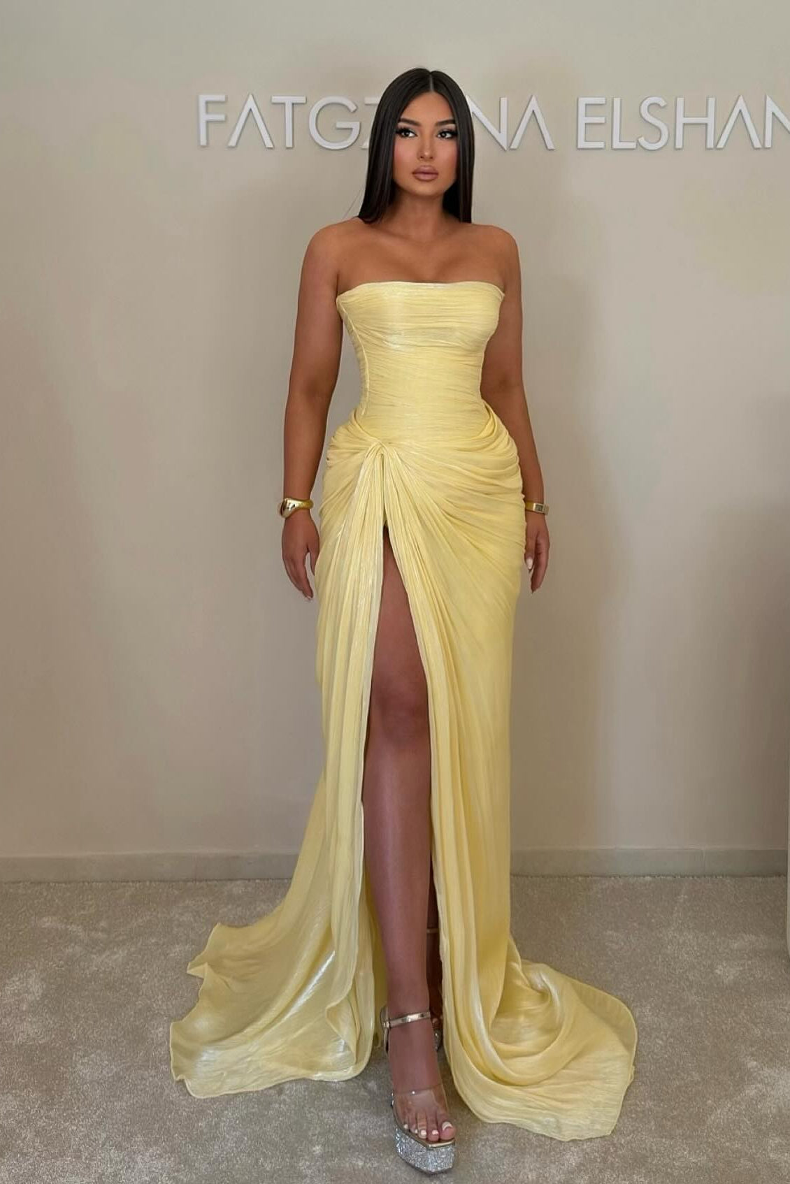 Strapless Corset Ruched Evening Gown with High Slit