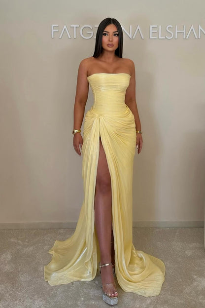 Strapless Corset Ruched Evening Gown with High Slit