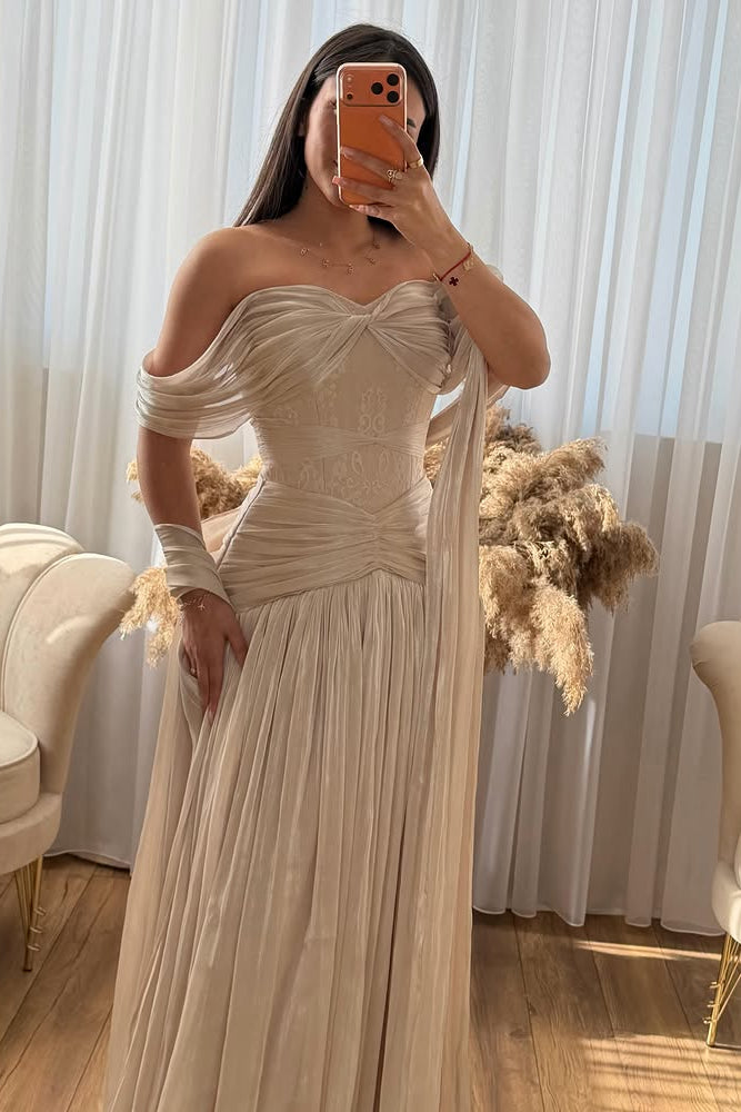 Off-the-Shoulder Pleated Corset Evening Gown
