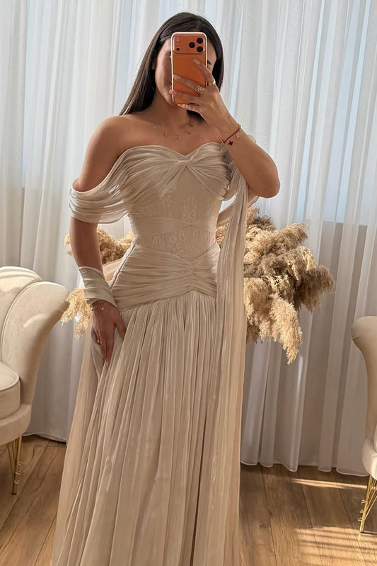 Off-the-Shoulder Pleated Corset Evening Gown
