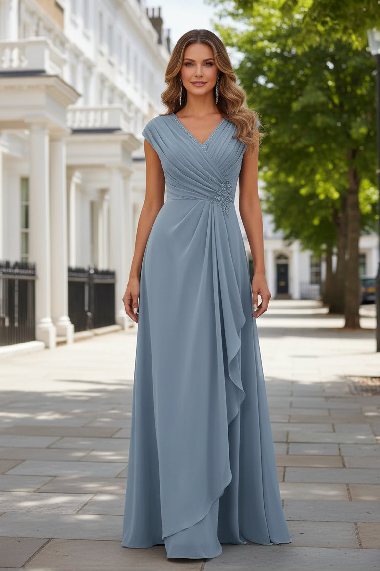 Pleated V-Neck Maxi Dress with Cascading Ruffle
