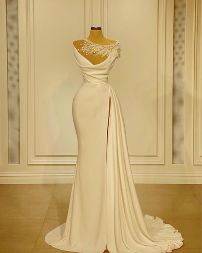 Pearl-Embellished Asymmetrical Mermaid Gown