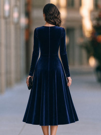 Cowl Neck Velvet Midi Dress with Tie Waist Belt