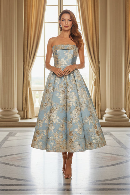 Strapless Jacquard Floral Tea-Length Dress