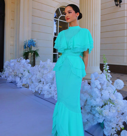 Tiered Ruffle Mermaid Evening Gown with Slit