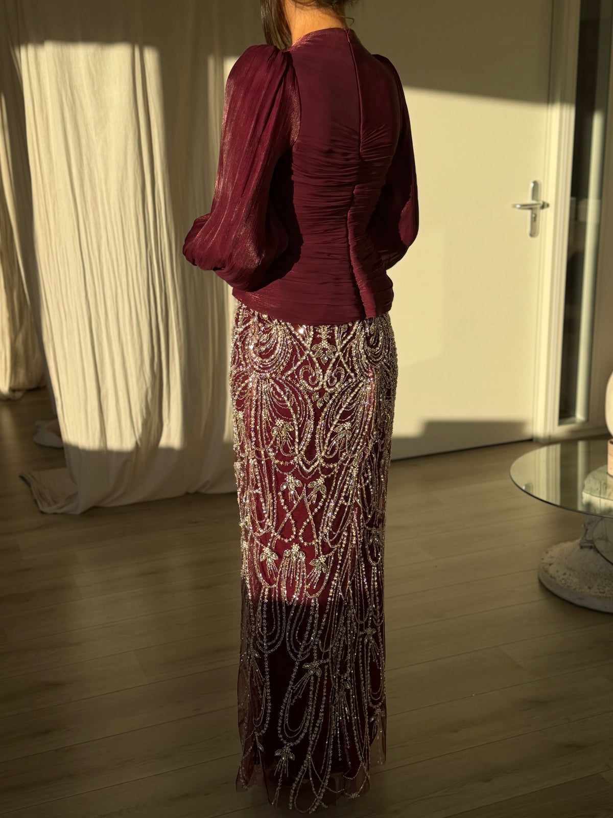 Ruched Long-Sleeve Maxi Dress with Beaded Column Skirt