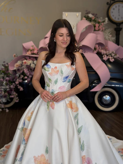 Strapless Watercolor Floral Ball Gown Wedding Dress