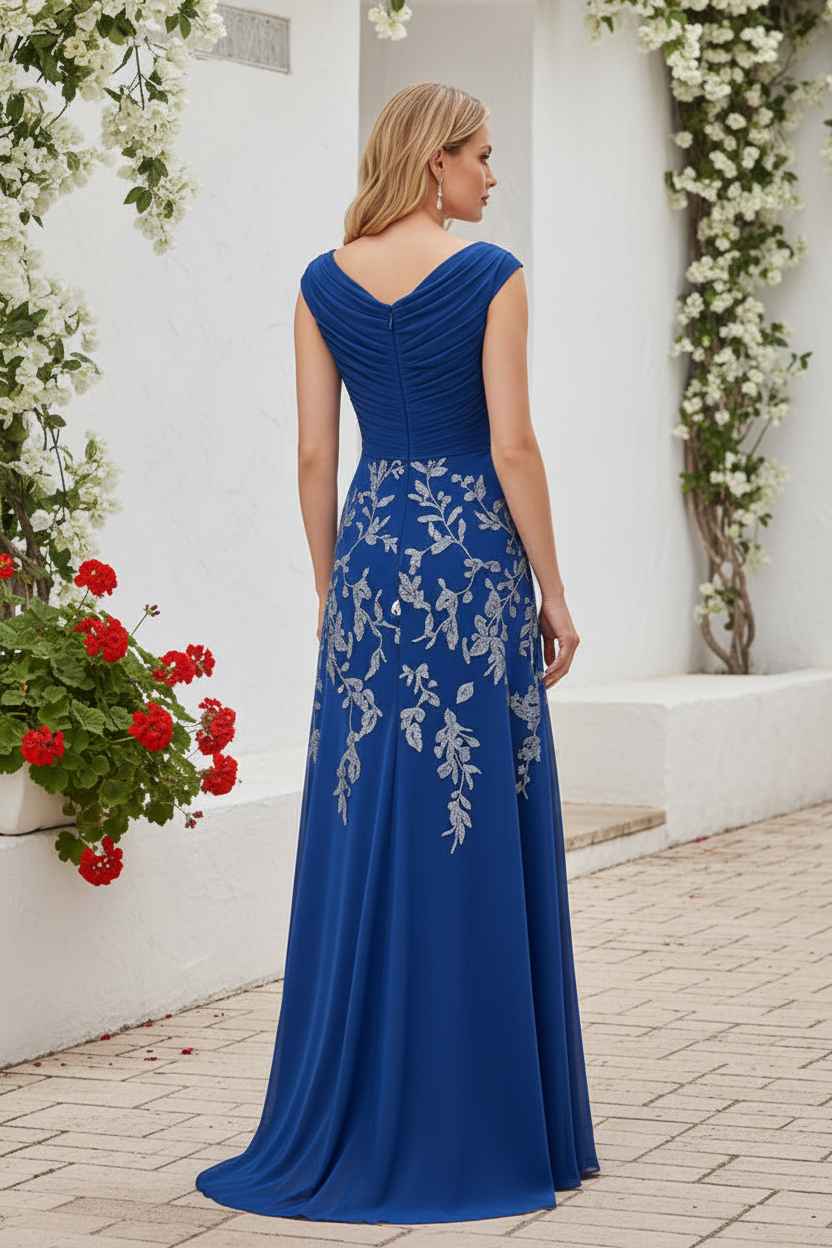 Floral Embroidered Ruched Bodice A-Line Gown