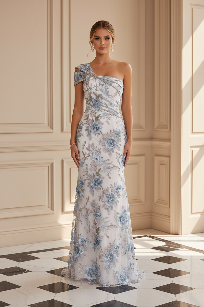 One-Shoulder Embroidered Evening Gown with High Slit