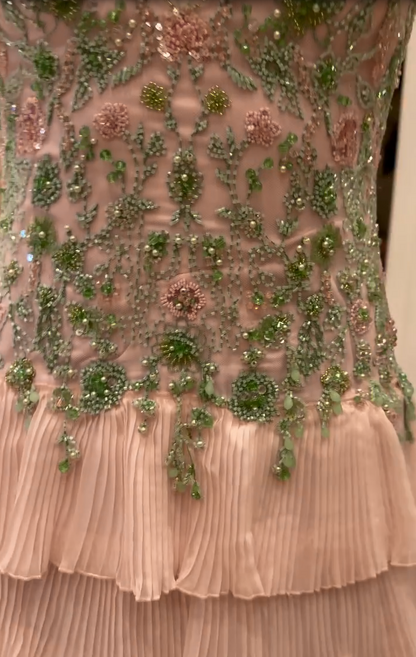 Embroidered Beaded Tiered Pleated Gown