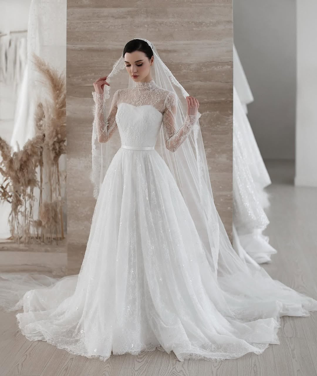 High Neck Lace Sleeve A-Line Wedding Dress