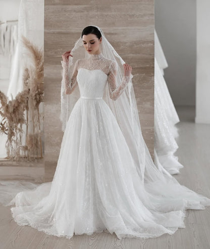 High Neck Lace Sleeve A-Line Wedding Dress