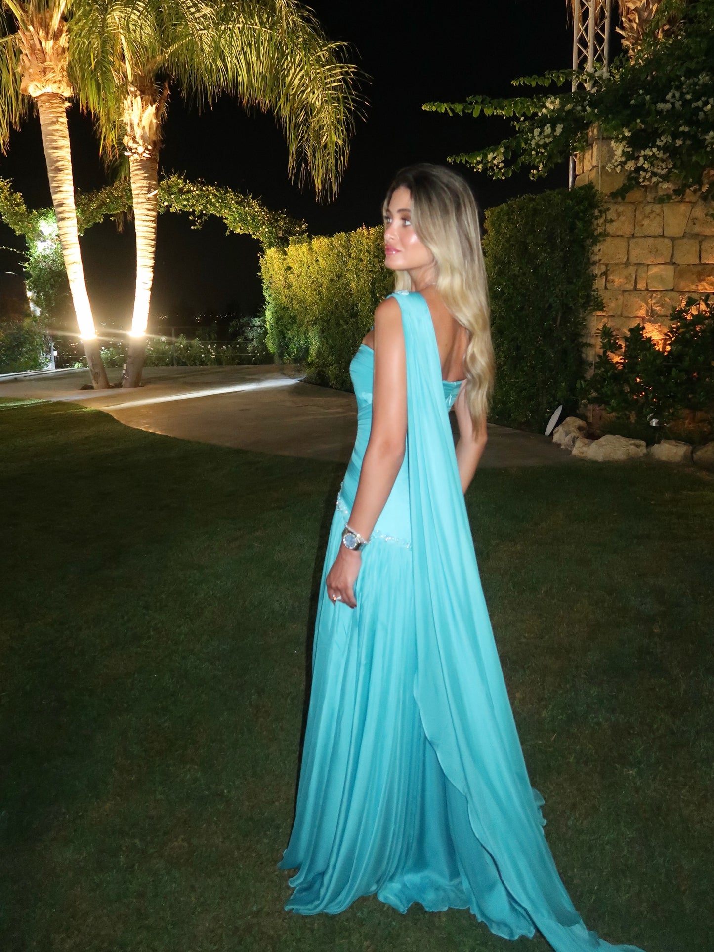 Asymmetric Pleated Chiffon Gown with Cape
