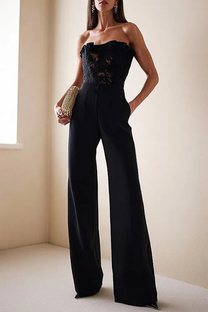Strapless Lace Bodice Wide Leg Jumpsuit