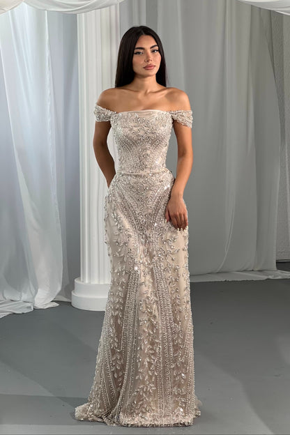 Off-the-Shoulder Beaded Column Evening Gown