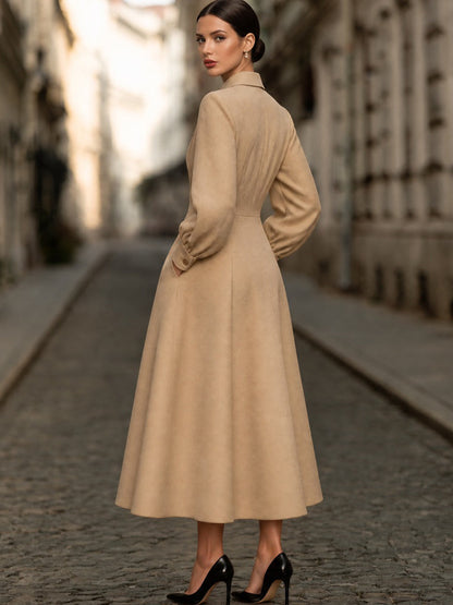 Pleated Bodice Button-Front Midi Shirt Dress