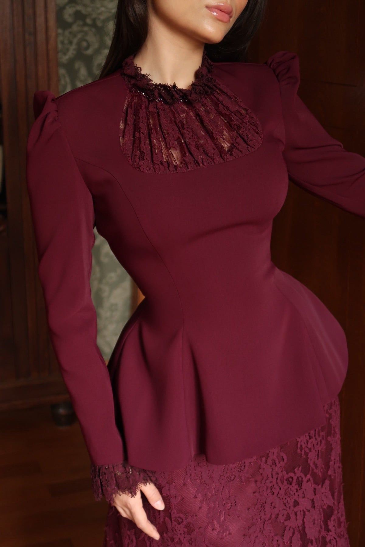 Peplum Long Sleeve Lace Maxi Dress