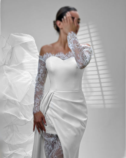 Off-the-Shoulder Lace Sleeve Satin Gown with High Slit
