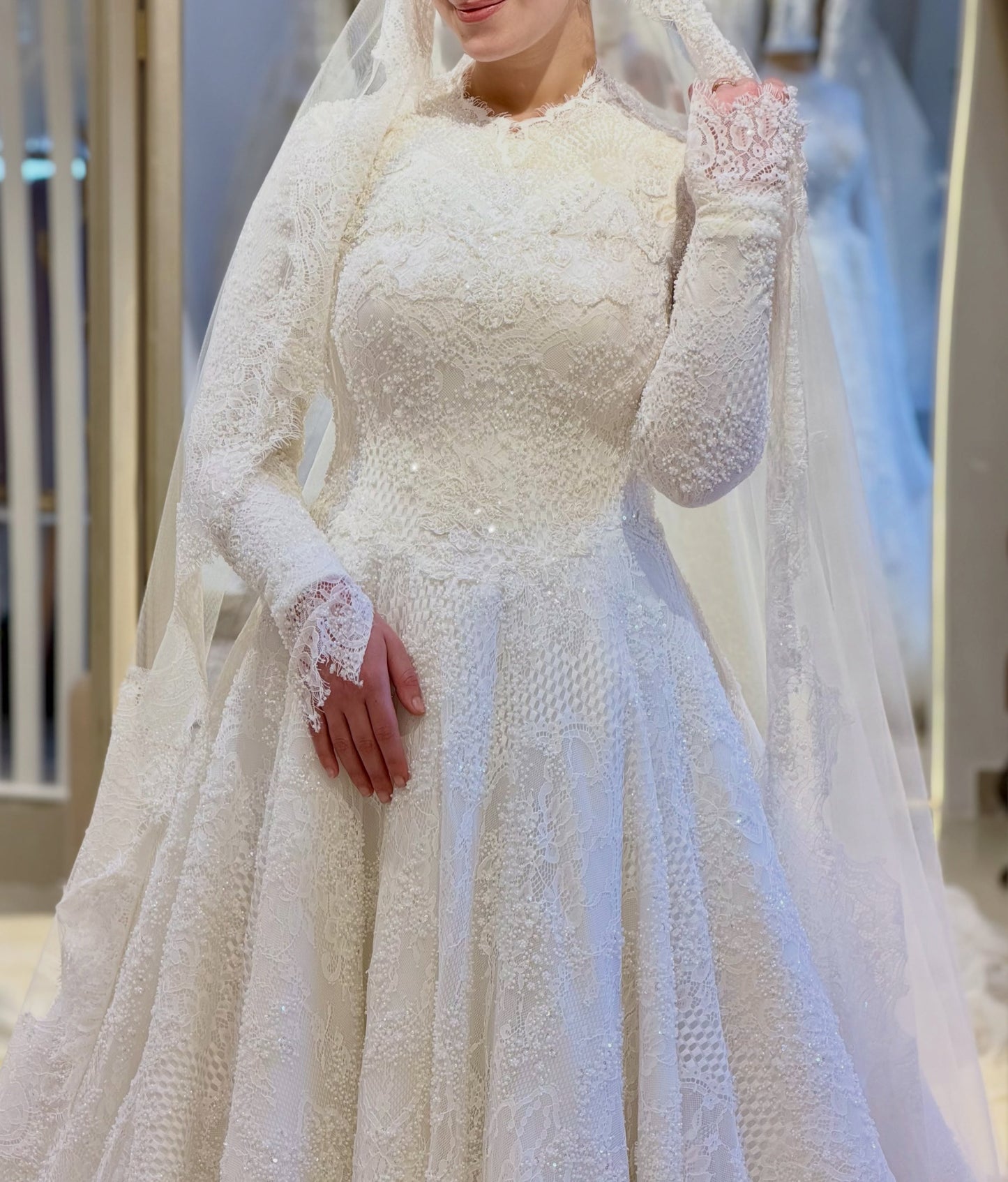 High Neck Long Sleeve Lace Ball Gown Wedding Dress