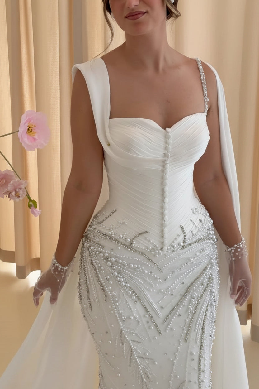 Pearl-Embellished Ruched Corset Mermaid Wedding Gown