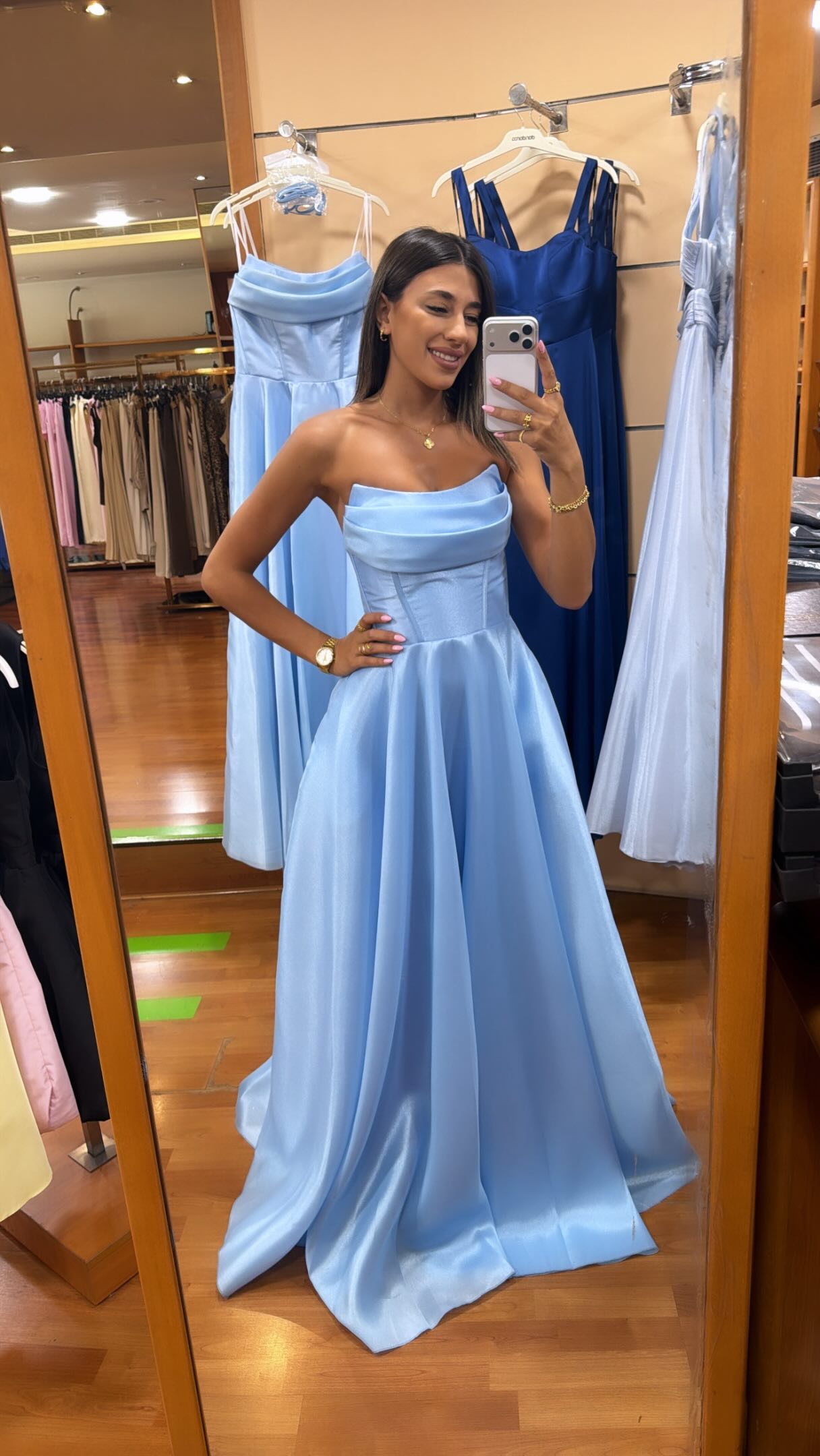 Strapless Satin A-Line Gown with Ruched Bodice