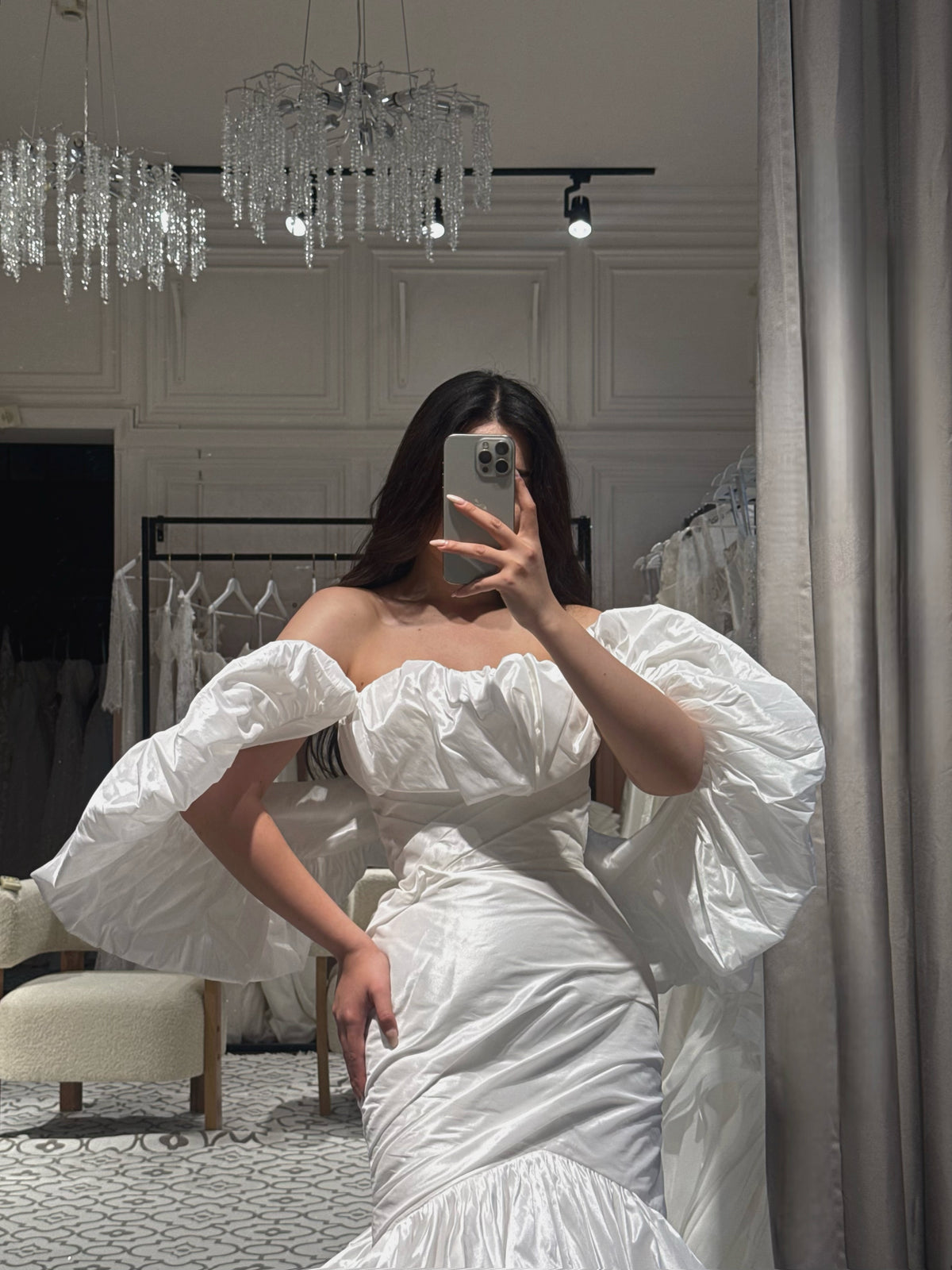 Ruched Mermaid Wedding Dress with Puff Sleeves