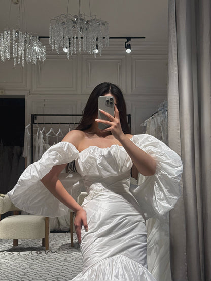 Ruched Mermaid Wedding Dress with Puff Sleeves