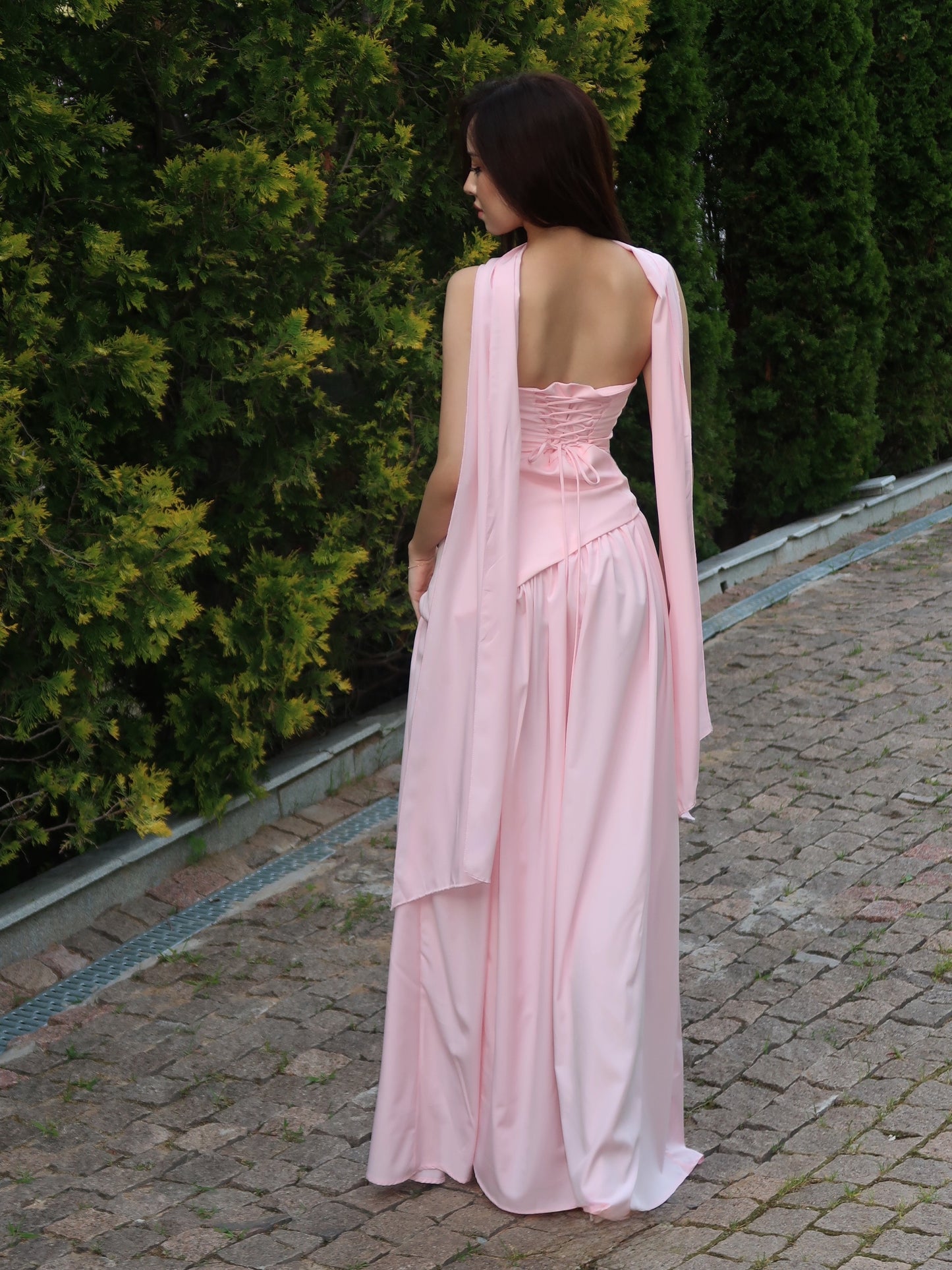 Strapless Corset A-Line Gown with Scarf