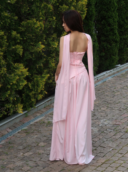 Strapless Corset A-Line Gown with Scarf