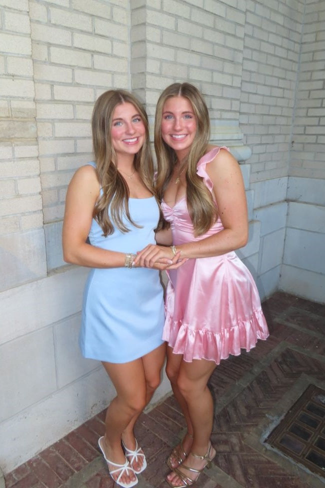 Satin Ruffle Strap Mini Dress with Sweetheart Neck