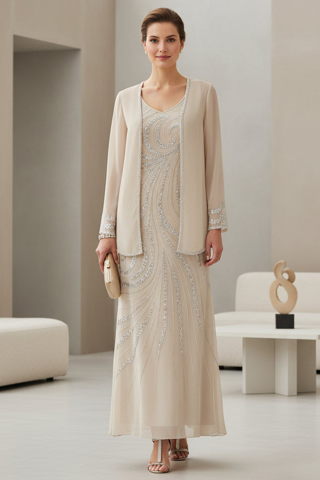 Champagne Chiffon Two-Piece Mother of the Bride Dress with Silver Sequin Embellishments