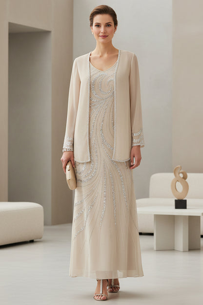 Champagne Chiffon Two-Piece Mother of the Bride Dress with Silver Sequin Embellishments