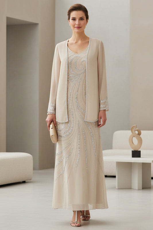 Champagne Chiffon Two-Piece Mother of the Bride Dress with Silver Sequin Embellishments