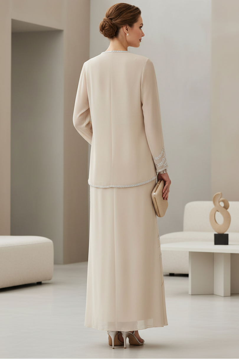 Champagne Chiffon Two-Piece Mother of the Bride Dress with Silver Sequin Embellishments
