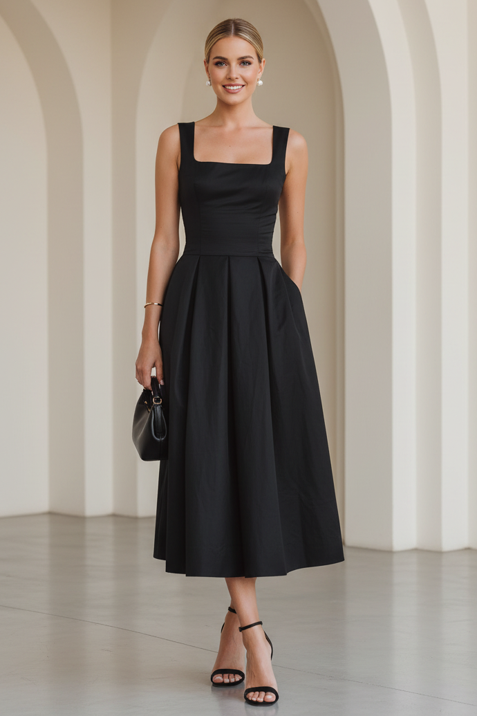 Square Neck Pleated A-Line Midi Dress with Pockets