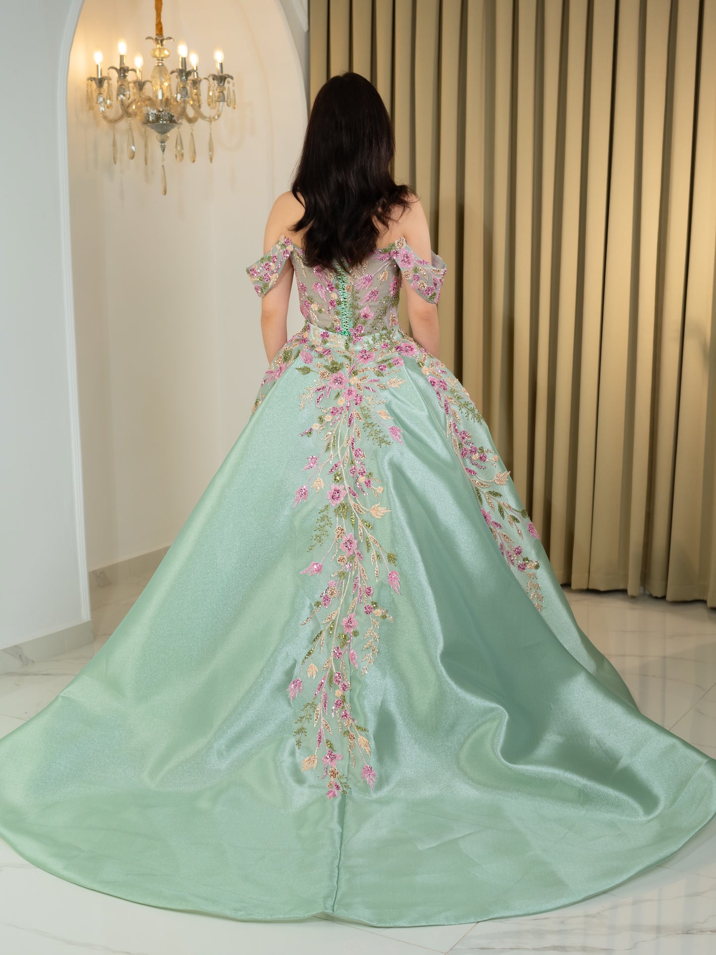 Floral Embroidered Gown with Detachable Overskirt