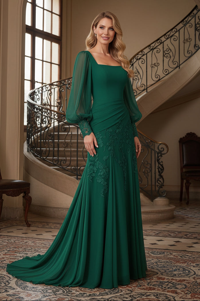 Square Neck Evening Gown with Sheer Bishop Sleeves
