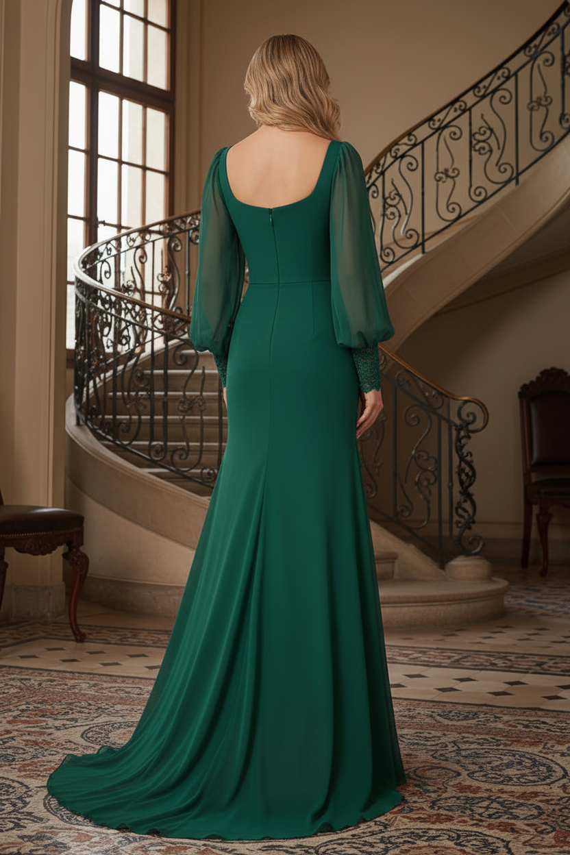 Square Neck Evening Gown with Sheer Bishop Sleeves