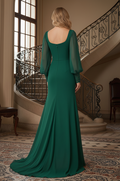 Square Neck Evening Gown with Sheer Bishop Sleeves