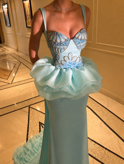 Beaded Corset Mermaid Gown with Peplum Ruffle