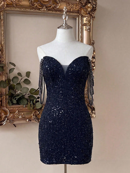 Sequin Sweetheart Mini Dress with Beaded Fringe