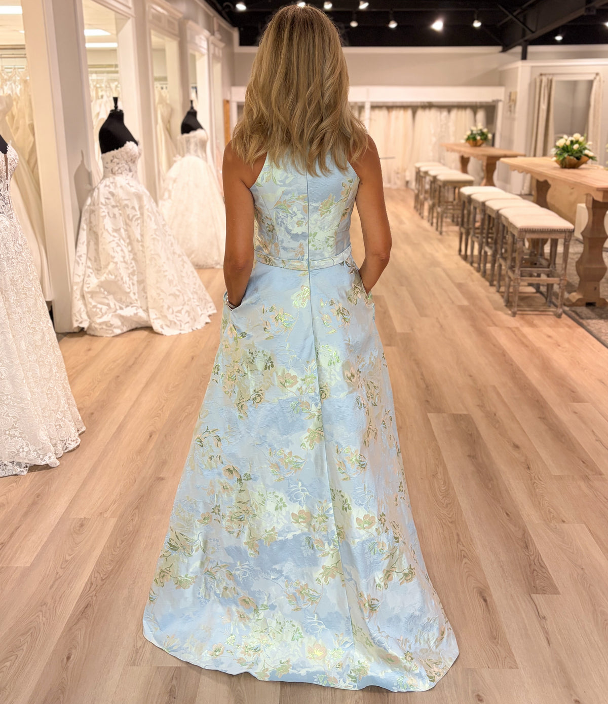 Floral Jacquard A-Line Gown with Bow Belt