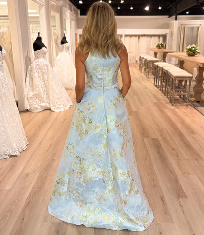 Floral Jacquard A-Line Gown with Bow Belt